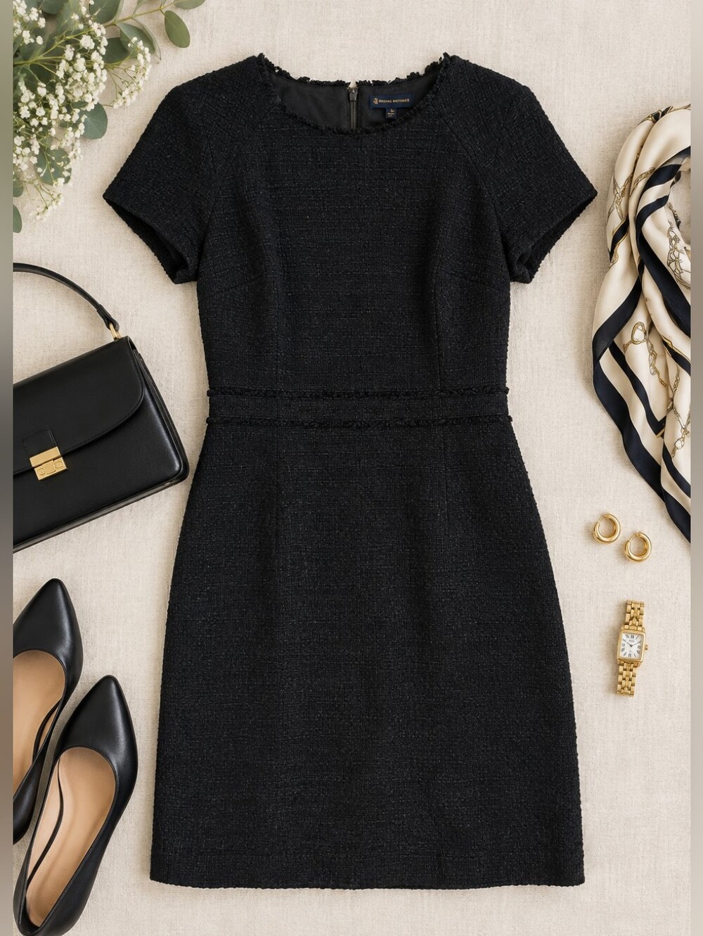 Brooks Brothers Black Textured Tweed Bouclé Sheath Dress Short Sleeve Preppy